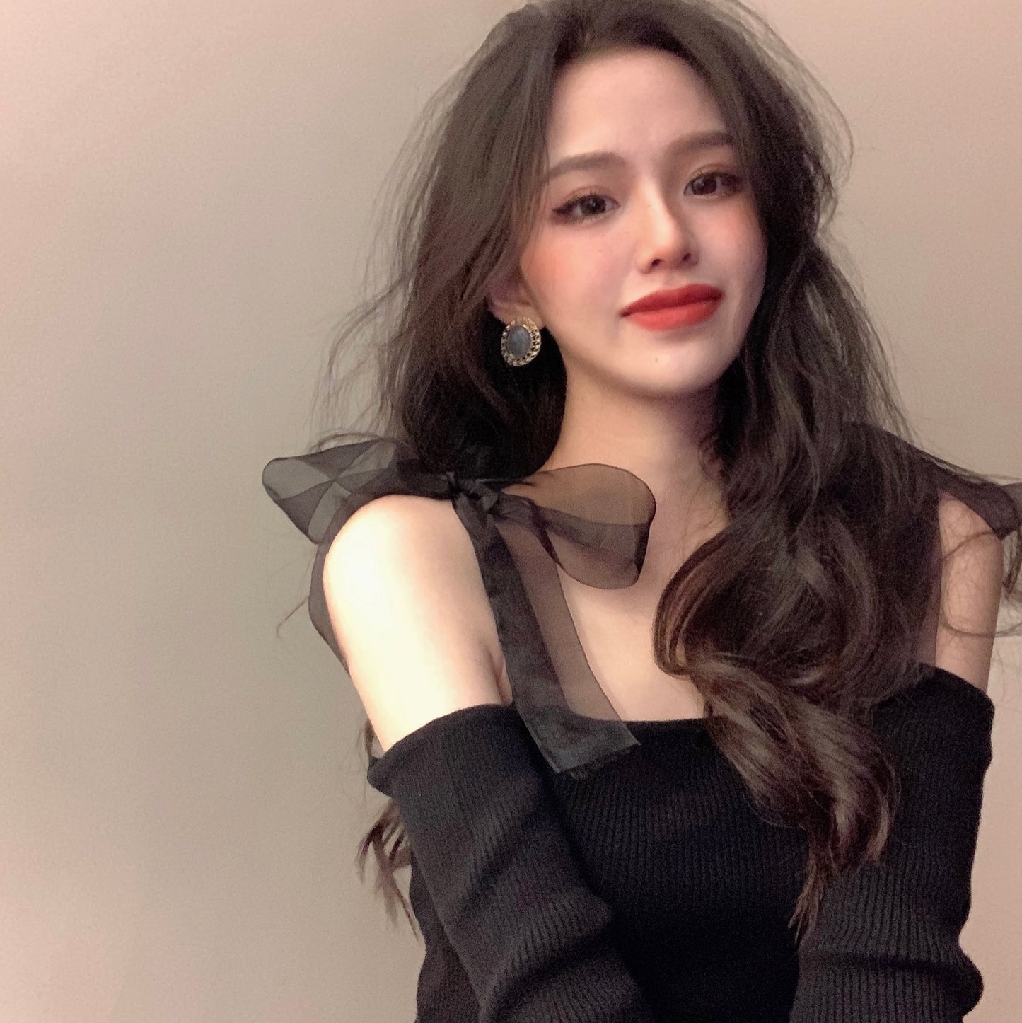 Black Bow Off Shoulder Mesh Sweater