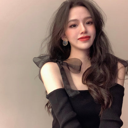Black Bow Off Shoulder Mesh Sweater