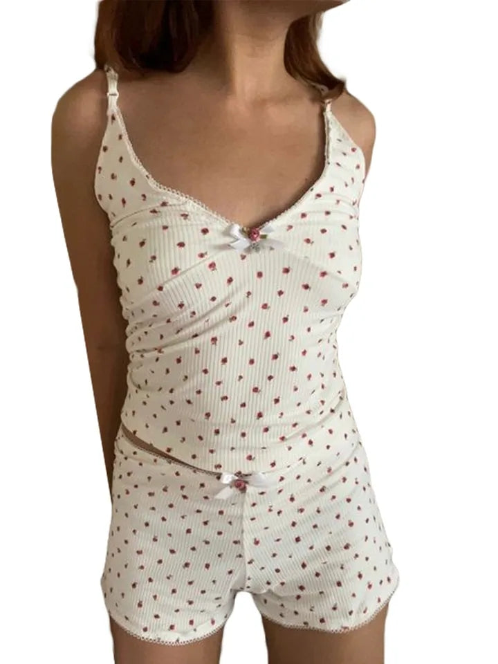 2PCS White Rose Lace Camisole + Shorts