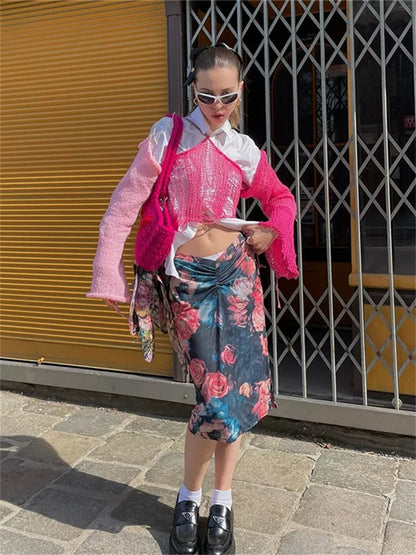 Pink Color Contrast Knit Long Sleeve Halter Top