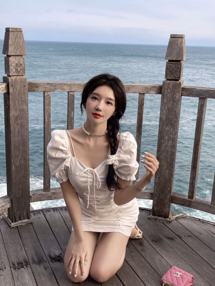 White Puff Sleeve Drawstring Ruched Mini Dress