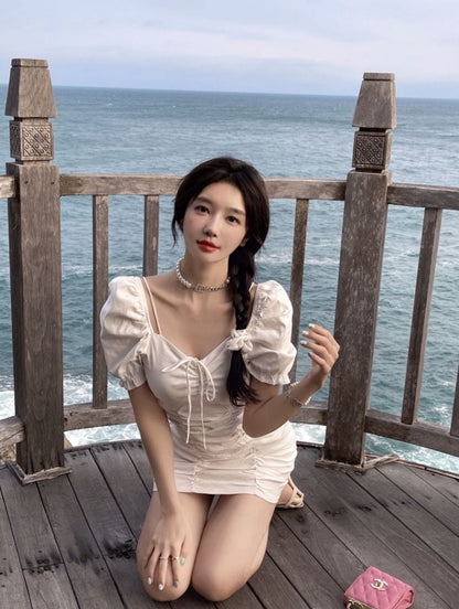 White Puff Sleeve Drawstring Ruched Mini Dress