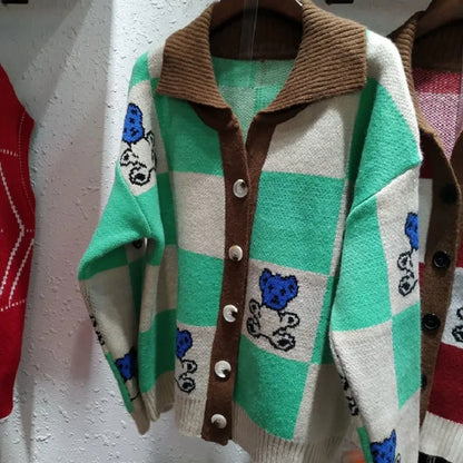 Green & Brown Teddy Bear Patchwork Sweater
