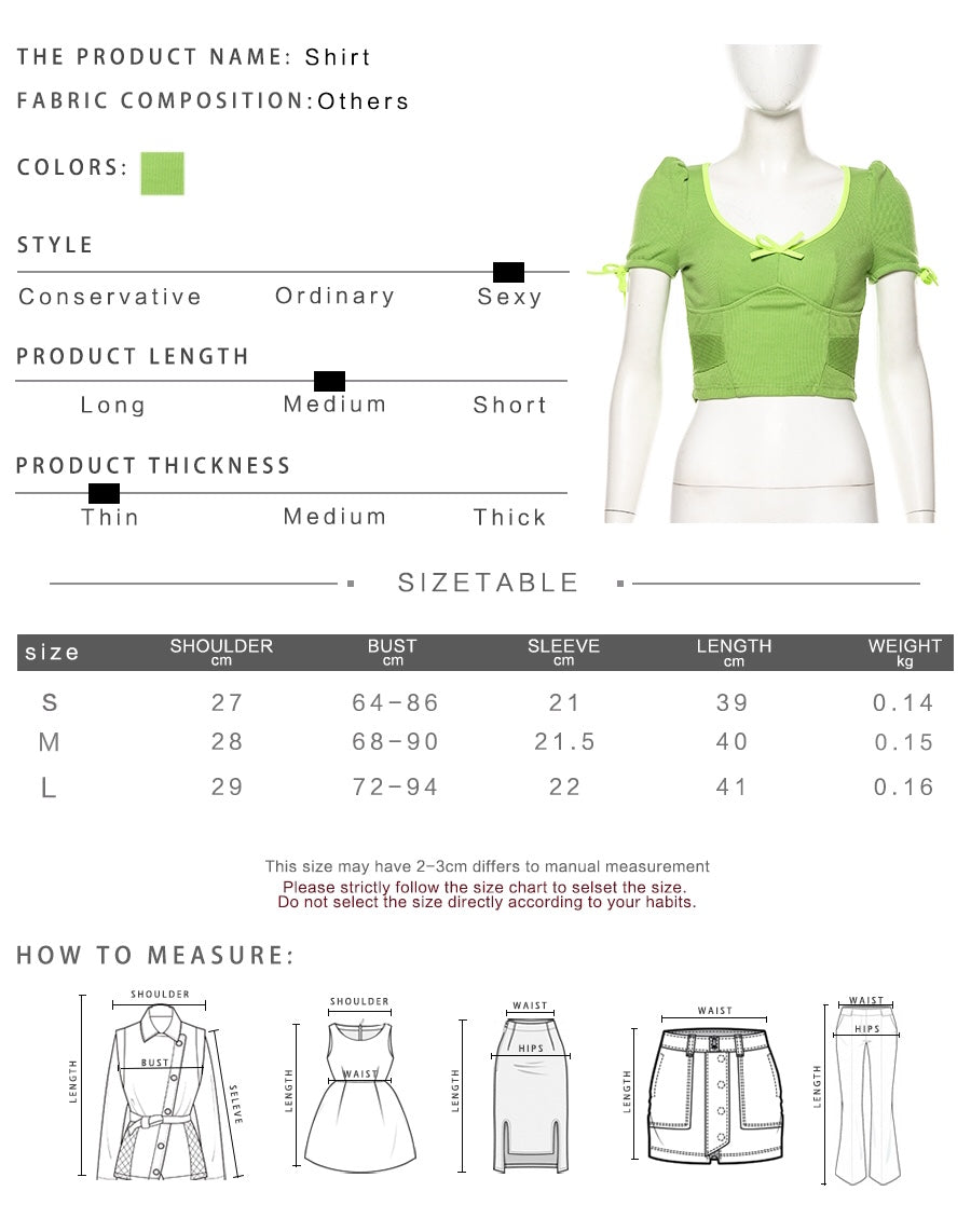 Cute Sexy Neon Green Ribbed Knit Bow Crop Top Short Sleeve Shirt Tee T-shirt E-Girl Kawaii Korean Japanese Harajuku Chinese Retro Streetwear Aesthetic