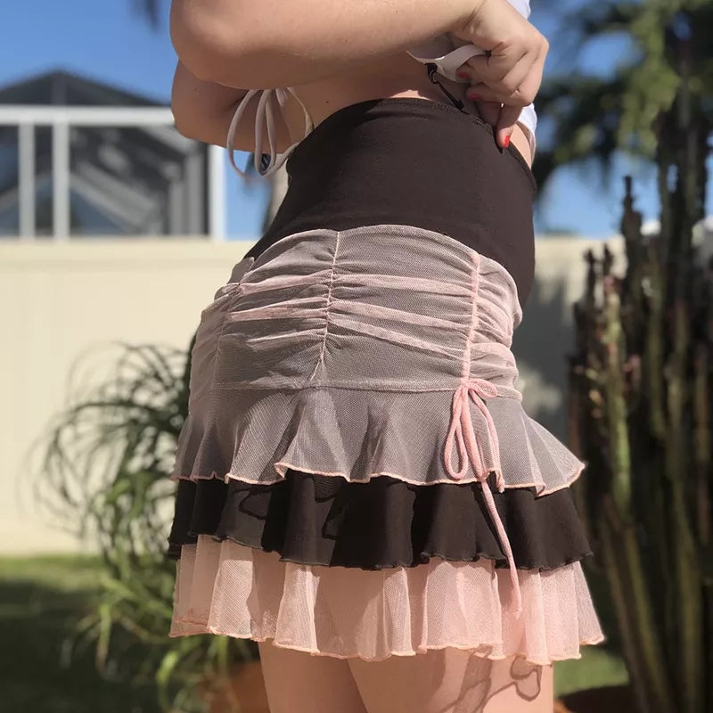Brown Vintage Patchwork Pleated Ruffle Mini Skirt