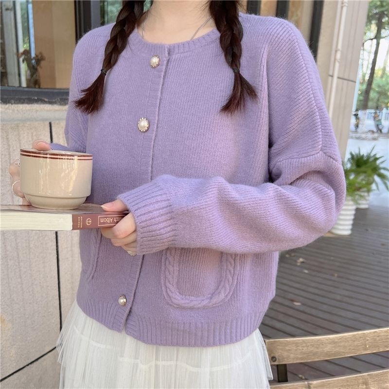 Purple Single Breasted Pocket Loose Cardigan