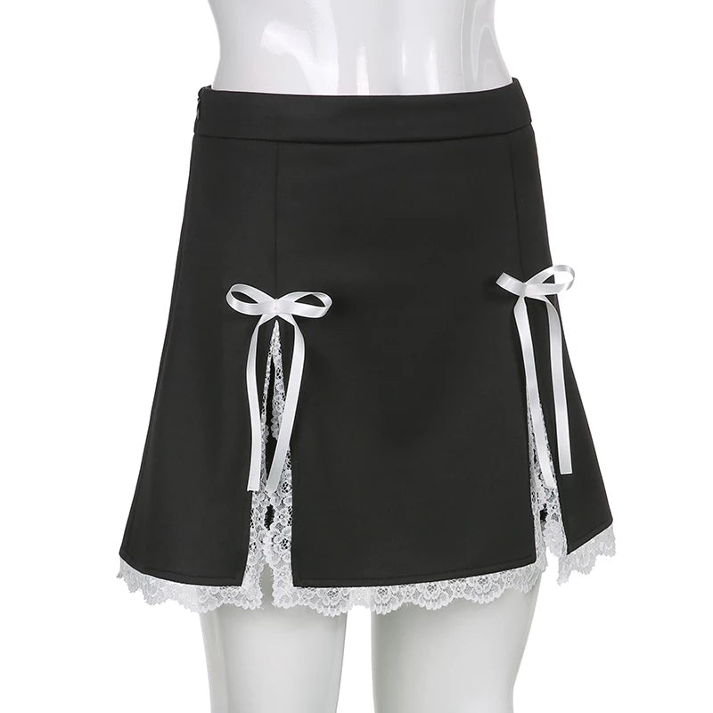 Cute Black Maid Lace Trim Mini Skirt 90s Party Summer Aesthetic Casual E-Girl Kawaii Korean Japanese Harajuku