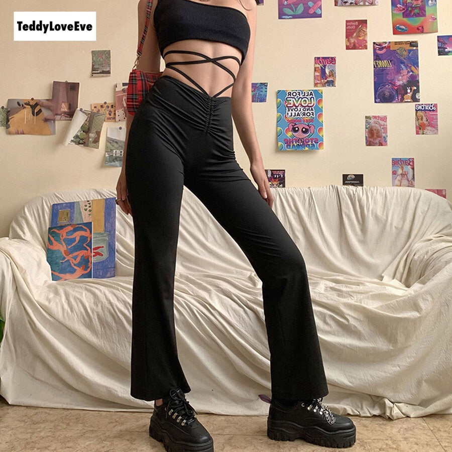 Cute Sexy Black High Waisted Thin Bandage Wrap Tie Pant Trousers Joggers E-Girl Kawaii Korean Japanese Harajuku Chinese Retro Streetwear Aesthetic