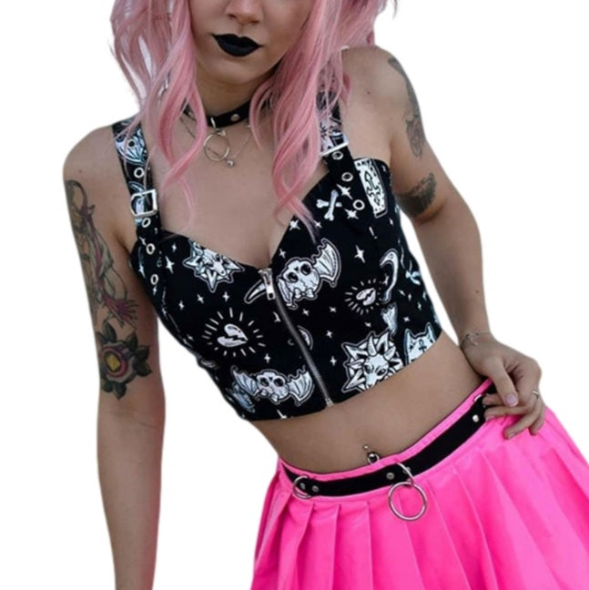 Cute Black Goth Skull Bat Goat Print Zipper Front Camisole Crop Top Tank Summer Aesthetic Casual E-Girl Kawaii Korean Japanese Harajuku
