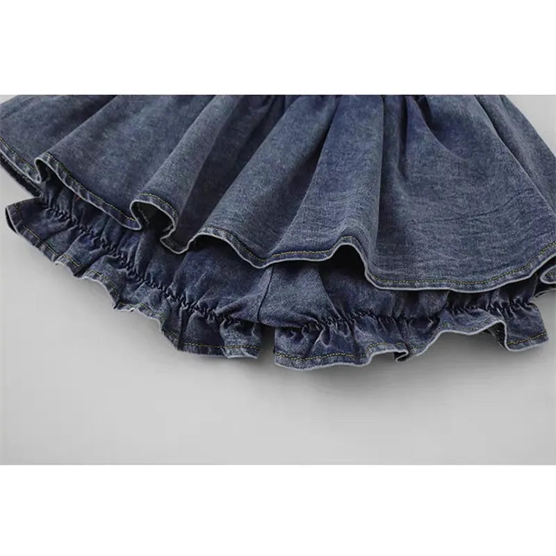 Denim Bow Ruffle Low Waist Skirt