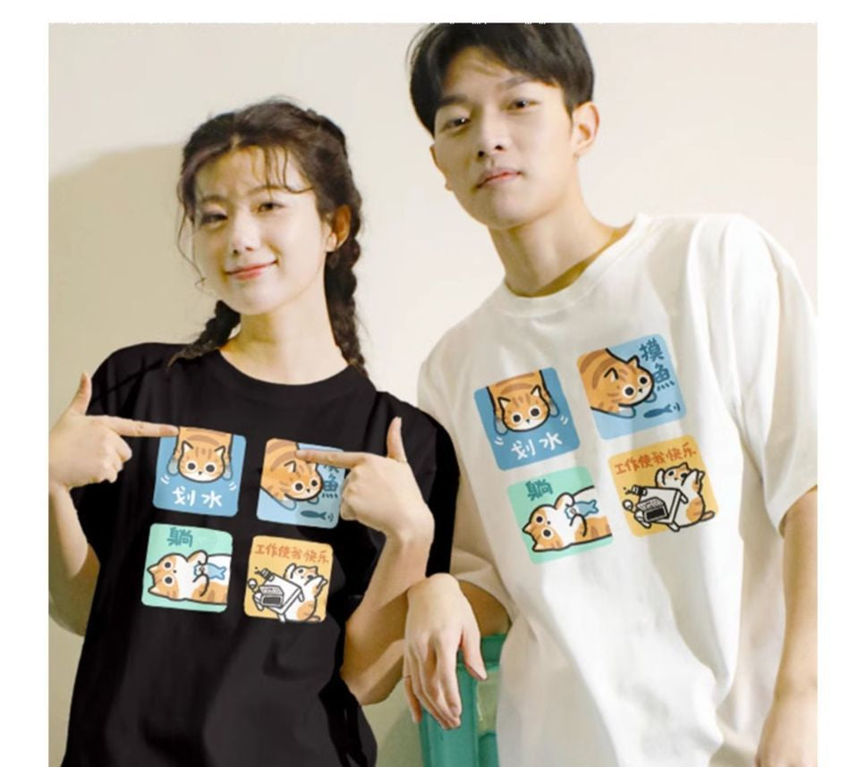 Orange Cat Print Short Sleeve T-shirt