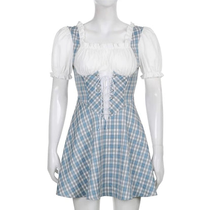 Cute Sweet Plaid Patchwork Lace Up Corset Ruffle Mini A-line Dress Summer Aesthetic Casual E-Girl Kawaii Korean Japanese Harajuku