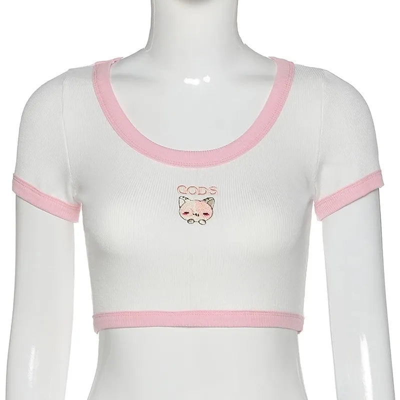 Cat Embroidery Patchwork Crop Top