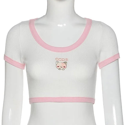 Cat Embroidery Patchwork Crop Top