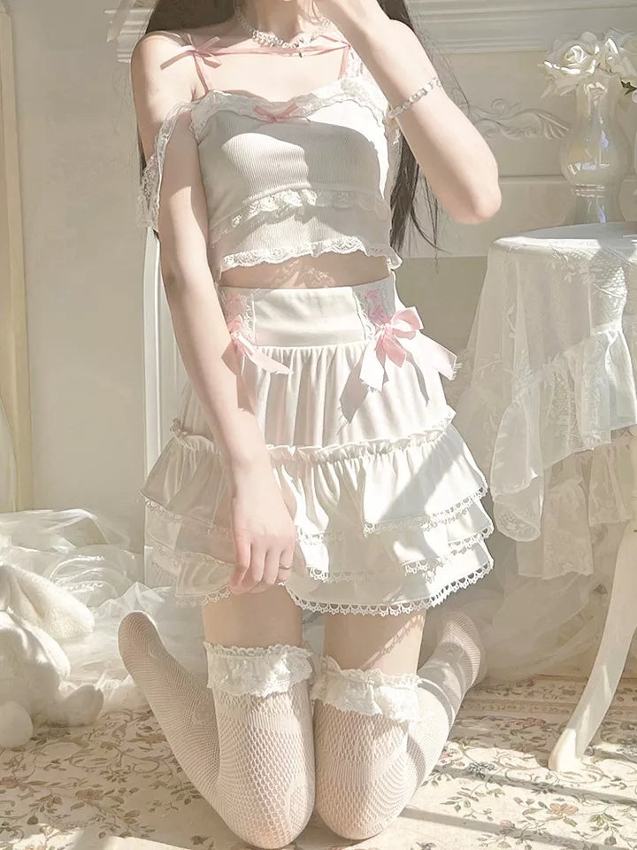 White Ruffle A-Line Bow Mini Skirt