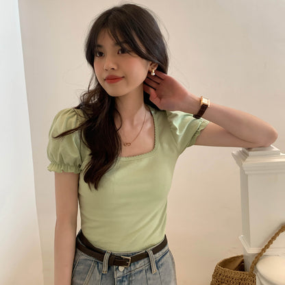 Green Puff Sleeve Square Collar Top