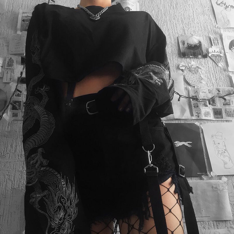 Sexy Black Goth Punk Dragon Print Vintage Sweatshirt Loose Crop Top Long Sleeve Shirt T-shirt E-Girl Kawaii Korean Japanese Harajuku Streetwear