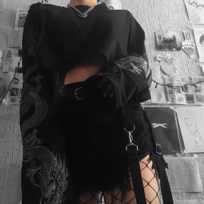 Sexy Black Goth Punk Dragon Print Vintage Sweatshirt Loose Crop Top Long Sleeve Shirt T-shirt E-Girl Kawaii Korean Japanese Harajuku Streetwear