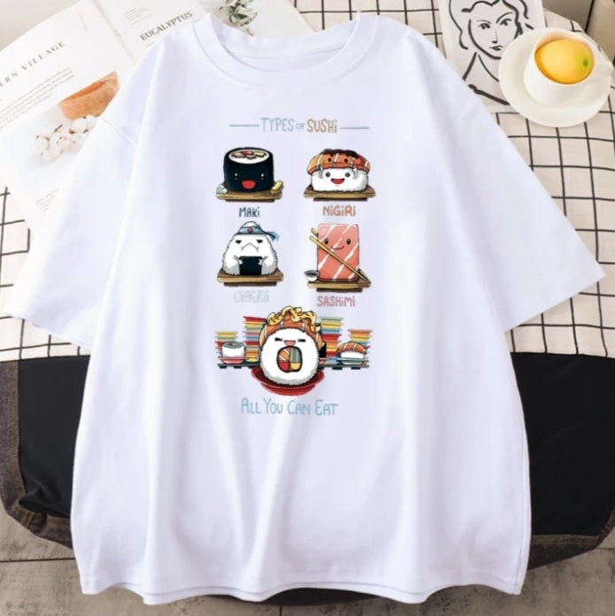 Cute Sushi Food Graphic Cartoon Print Loose Short Sleeve T-shirt Aesthetic Casual Summer E-Girl Kawaii Korean Japanese Harajuku