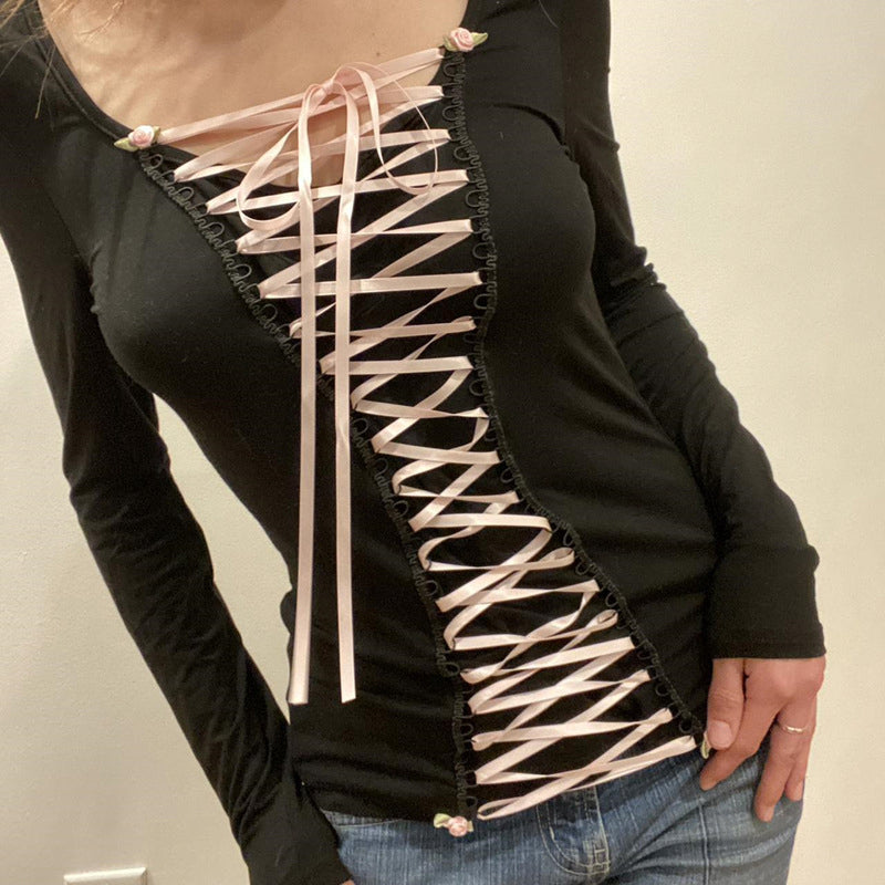 Black Ribbon Criss Cross Long Sleeve Shirt