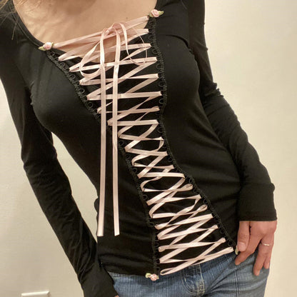 Black Ribbon Criss Cross Long Sleeve Shirt