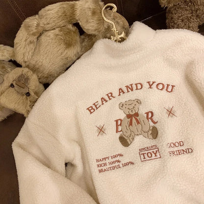 Fluffy Fleece Bear Embroidery Loose Zipper Jacket