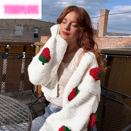 Cute White Strawberry Crochet Loose Cardigan Long Sleeve V Neck Sweater Aesthetic Casual Summer E-Girl Kawaii Korean Japanese Harajuku