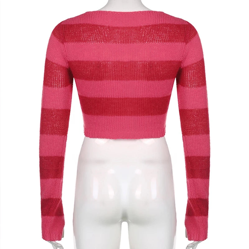 Cute Pink Heart Shape Hollow Out Long Sleeve O-neck Sweater Knit Pullover Aesthetic Casual E-Girl Kawaii Korean Japanese Harajuku