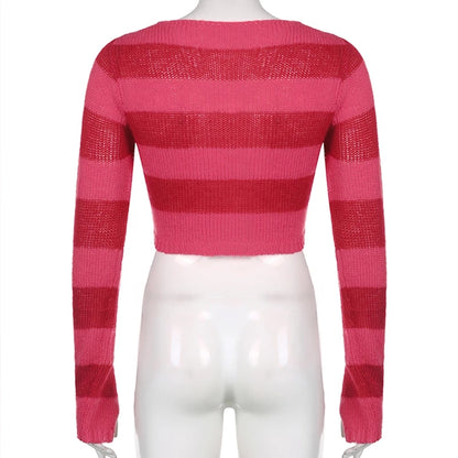 Cute Pink Heart Shape Hollow Out Long Sleeve O-neck Sweater Knit Pullover Aesthetic Casual E-Girl Kawaii Korean Japanese Harajuku