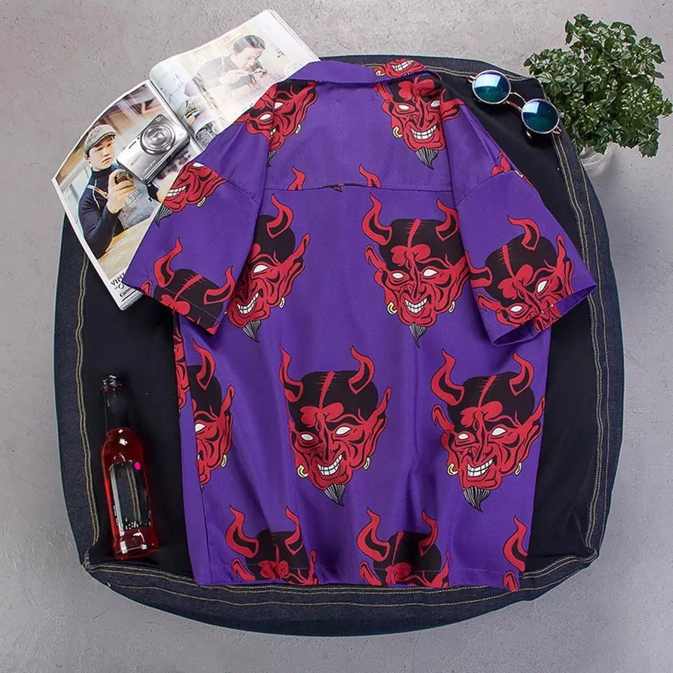 Summer Pink Purple Devil Print Button Down Casual Loose Short Sleeve Tee Shirt T-shirt Top E-Girl Kawaii Korean Japanese Harajuku Streetwear