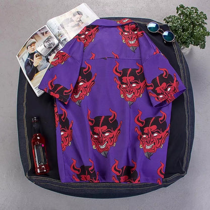 Summer Pink Purple Devil Print Button Down Casual Loose Short Sleeve Tee Shirt T-shirt Top E-Girl Kawaii Korean Japanese Harajuku Streetwear