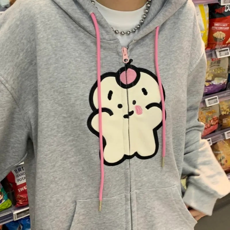 Bear Graphic Print Zipper Hoodie