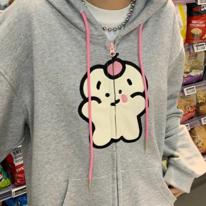 Bear Graphic Print Zipper Hoodie