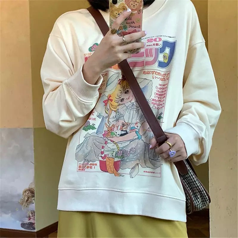 White Vintage Anime Girl Cartoon Print Graphic Long Sleeve Sweatshirt Sweater Pullover Jumper Causal E-Girl Kawaii Korean Japanese Harajuku Streetwear
