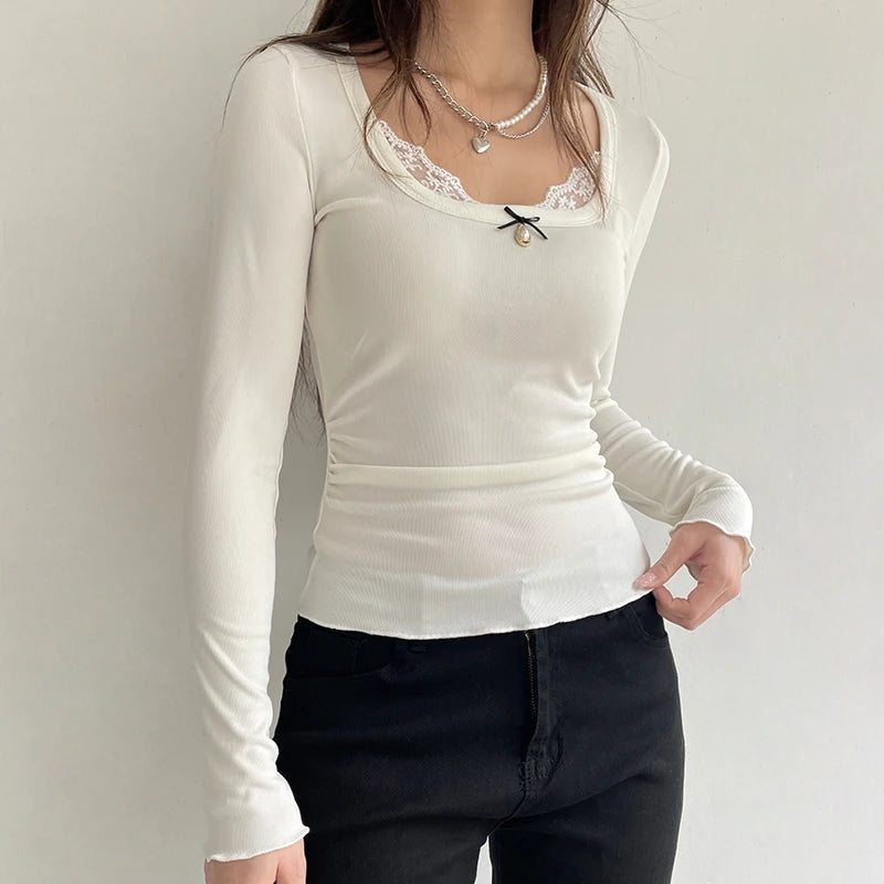 White Lace Bow Long Sleeve Crop Top