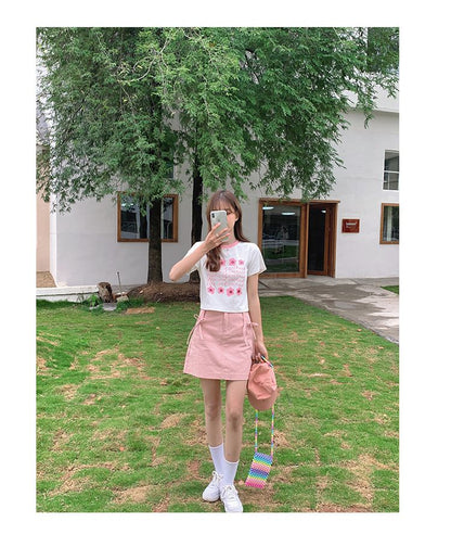 Pink Bow Denim Mini Skirt