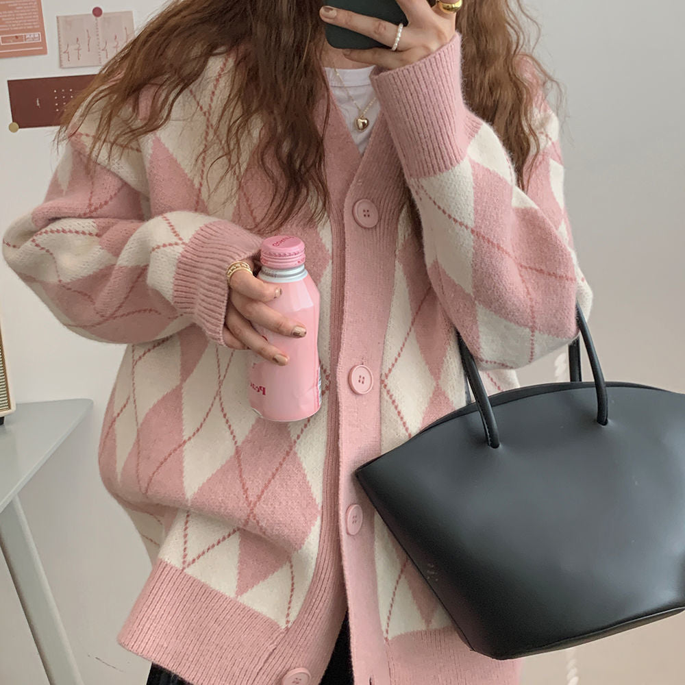 Pink Argyle V Neck Sweater