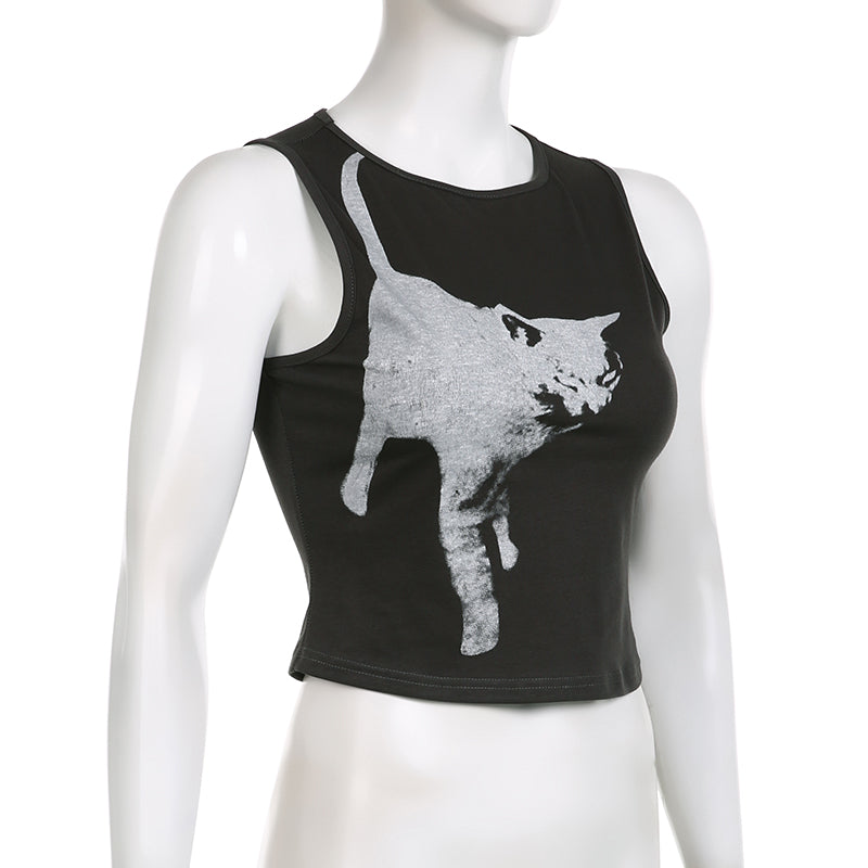 Black Cat Graphic Print Crop Top