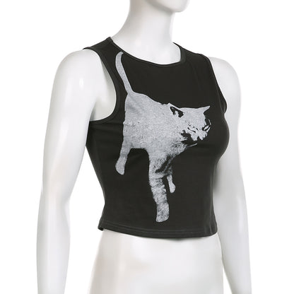 Black Cat Graphic Print Crop Top