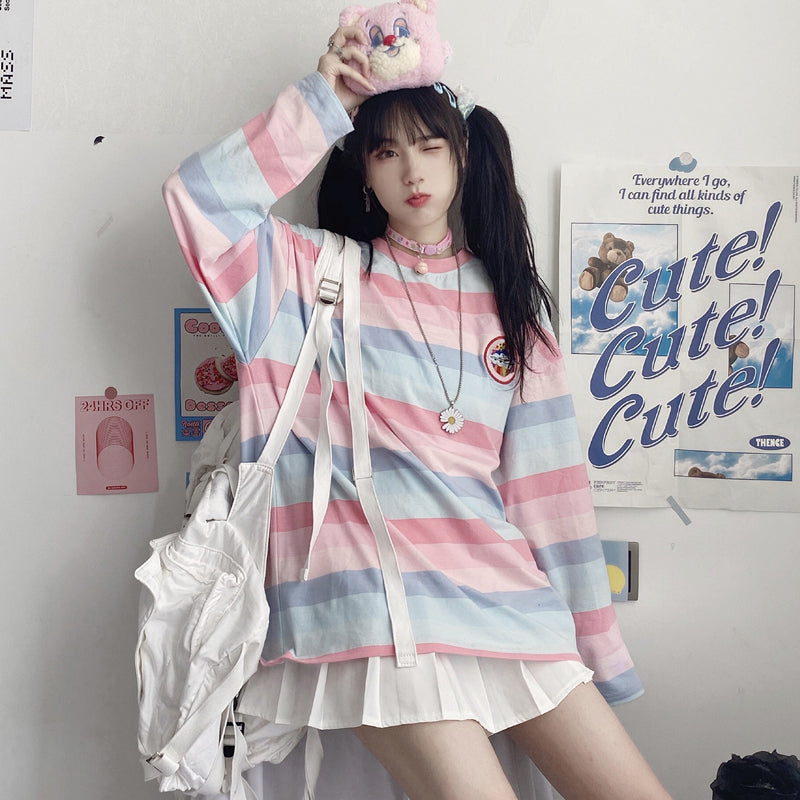 Pastel Rainbow Stripe Colorful Loose Oversize Long Sleeve Shirt T-shirt Top Embroidery Casual Autumn E-Girl Kawaii Korean Japanese Harajuku Streetwear