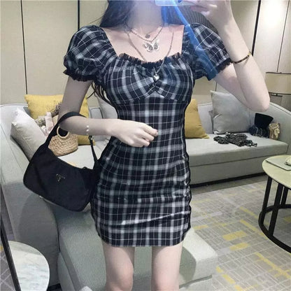 Cute Black White Plaid Puff Sleeve Square Collar Mini Dress Elegant Summer Aesthetic Casual E-Girl Kawaii Korean Japanese Harajuku