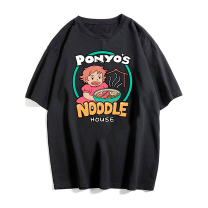 Vintage Anime Ramen Noodle Cartoon Print Loose White Short Sleeve Short T-shirt Top Causal Summer E-Girl Kawaii Korean Japanese Harajuku Streetwear