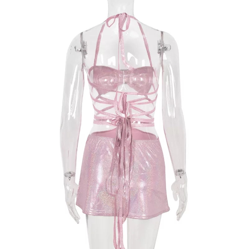 Cute 2pc Set Pink Glitter Fairy Crop Top + Mini Skirt Sexy Club Party Rave Summer Aesthetic Casual E-Girl Kawaii Korean Japanese Harajuku
