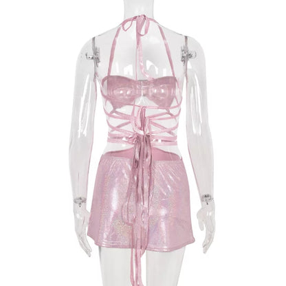 Cute 2pc Set Pink Glitter Fairy Crop Top + Mini Skirt Sexy Club Party Rave Summer Aesthetic Casual E-Girl Kawaii Korean Japanese Harajuku