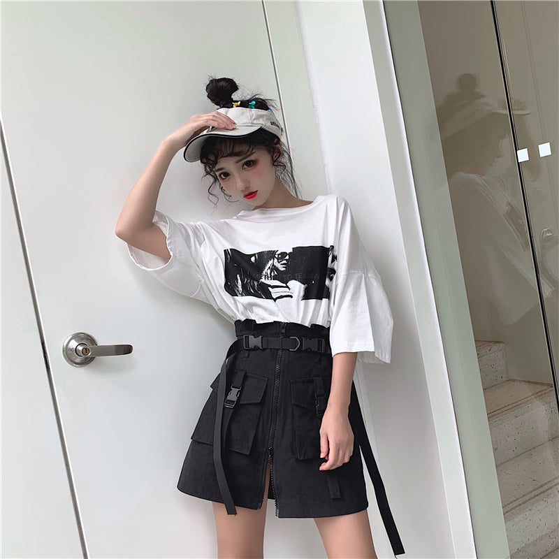 Cute Goth Punk High Waist Belt Skirt E-Girl Kawaii Korean Japanese Harajuku Chinese Retro Streetwear Aesthetic