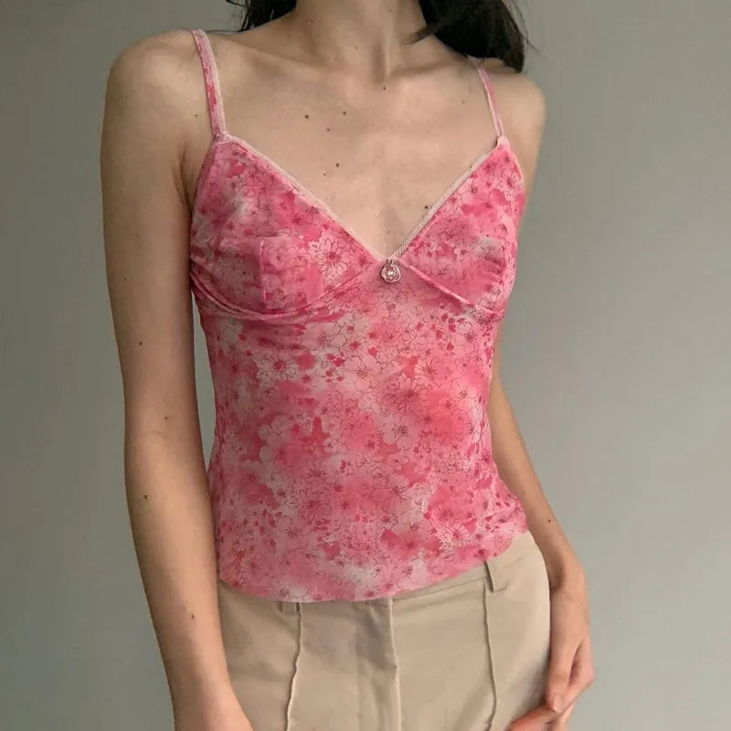 Pink Floral Mesh Sheer V-Neck Crop Top