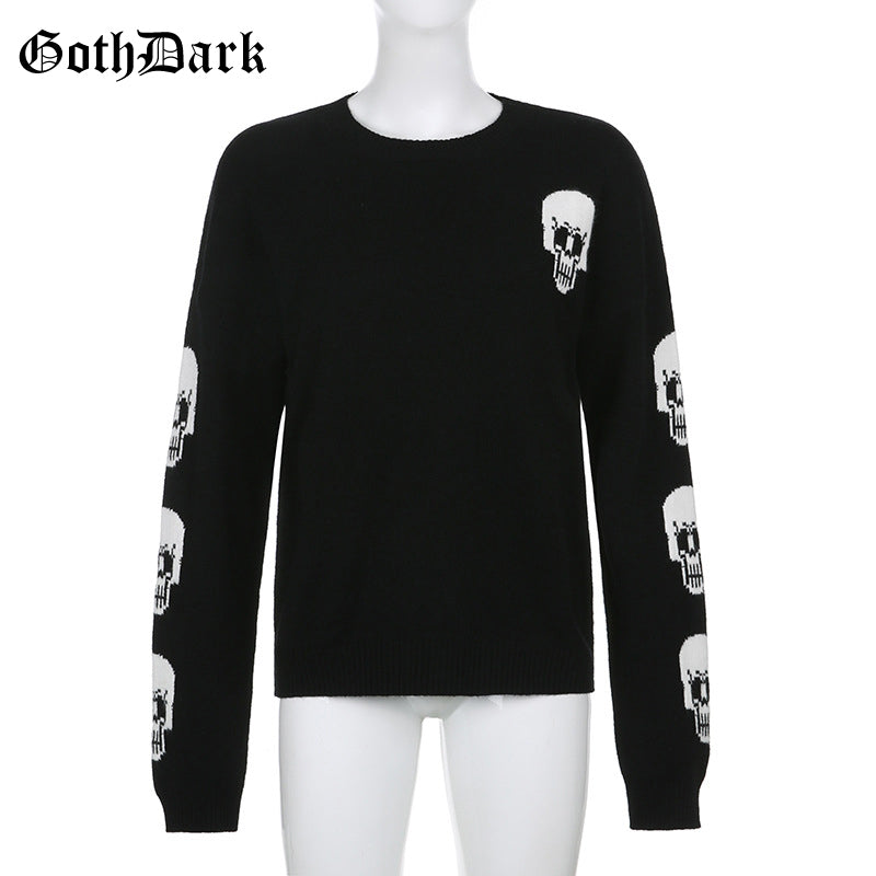 Black Skull Knit Sweater Sweatshirt Crewneck Long Sleeve Pullover Goth Punk Autumn Fall E-Girl Kawaii Korean Japanese Harajuku Streetwear