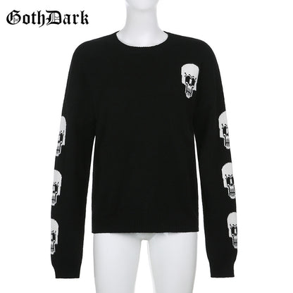 Black Skull Knit Sweater Sweatshirt Crewneck Long Sleeve Pullover Goth Punk Autumn Fall E-Girl Kawaii Korean Japanese Harajuku Streetwear