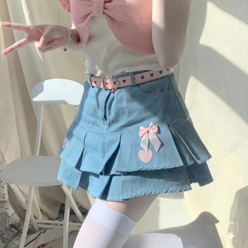 Heart Embroidery Blue Denim Skirt