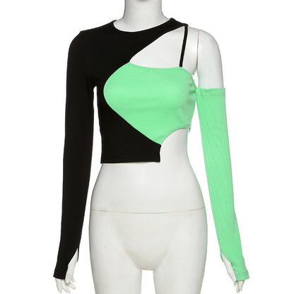 Green & Black Patchwork Hollow Out Long Sleeve Shirt